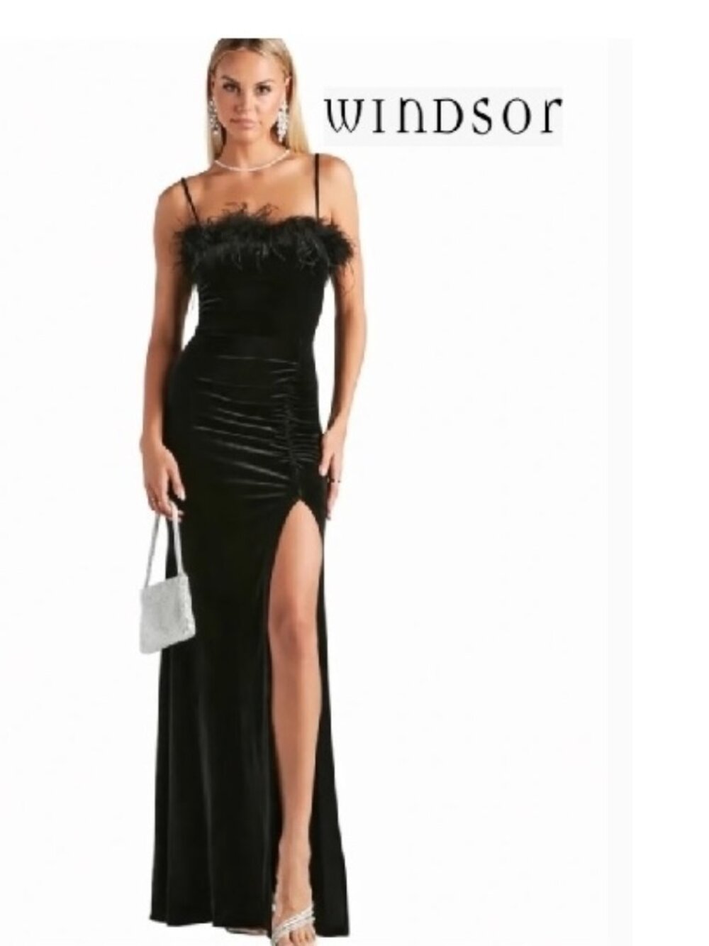 NEW w Tag Windsor Long Maxi Gown Dess w Feather Top & High Slit M